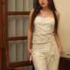 Women's Beige Striped Sleeveless Co-Ord Set