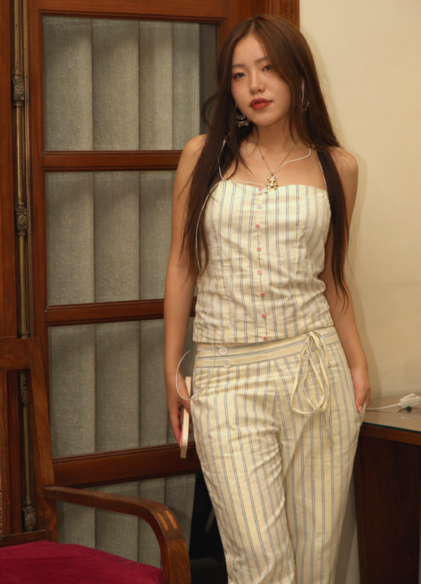 Women's Beige Striped Sleeveless Co-Ord Set