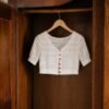 White Cropped Cardigan with Red Heart Buttons