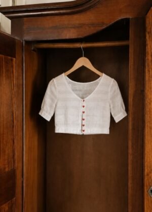 White Cropped Cardigan with Red Heart Buttons