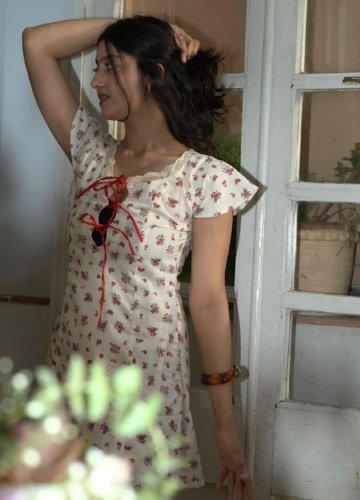 Floral Cotton Summer Mini Dress with Front Ribbon Tie-Up